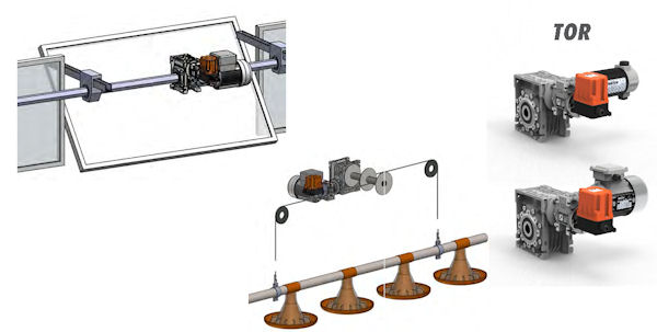  TOR: 带TOR限位开关的蜗轮蜗杆减速电机，用于开关窗户及在喂养线上的升降系统。